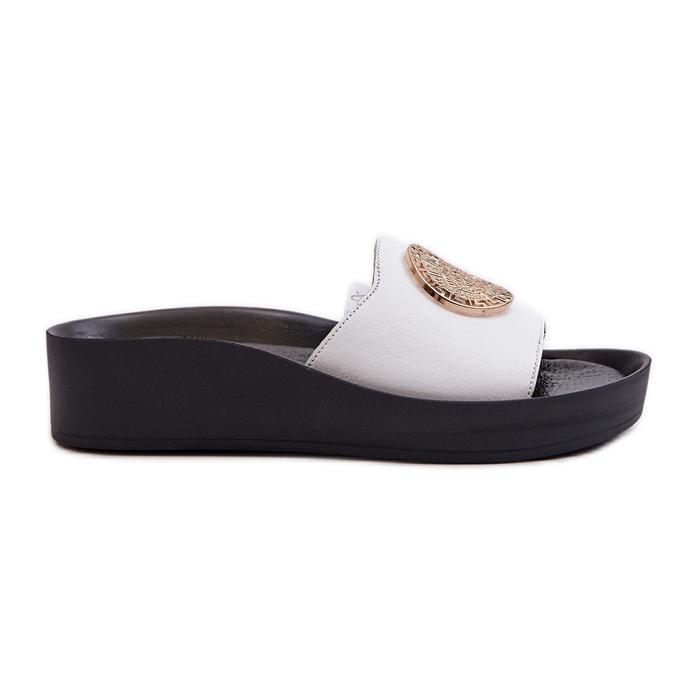 Zazoo 2920 Women's Leather Wedge Flip-Flops With Gold Detail, White