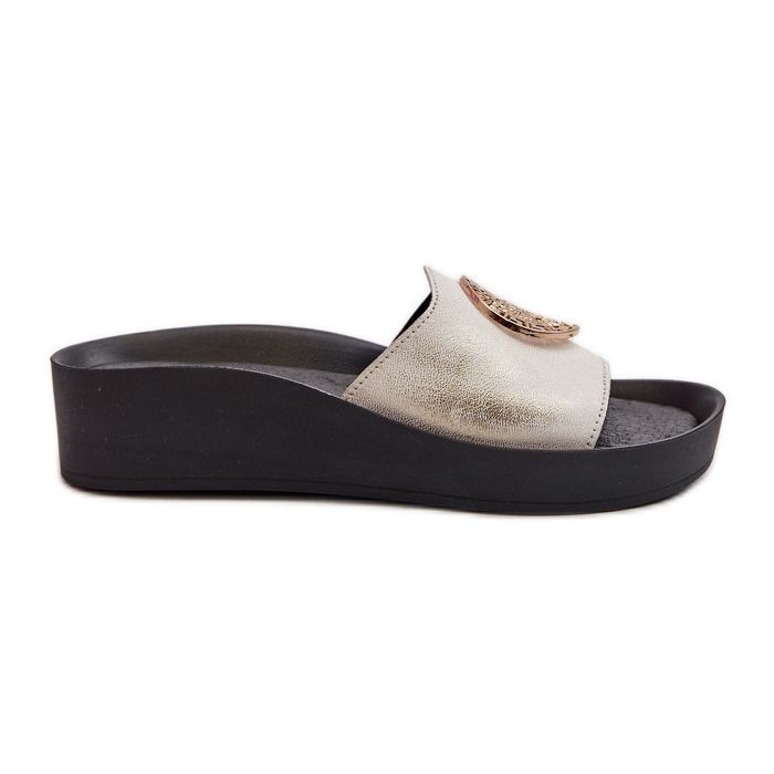 Zazoo 2920 Women's Leather Wedge Flip-Flops With Gold Detail, Brushed Gold white