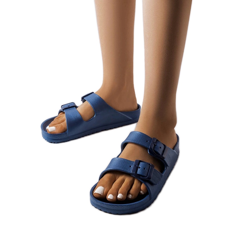 Navy blue rubber slides with Eugene buckles Navy blue rubber slides with Eugene buckles