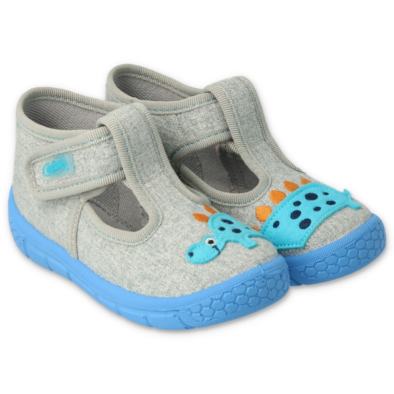 Befado children's slippers with Velcro 631P043, gray with a dragon application grey