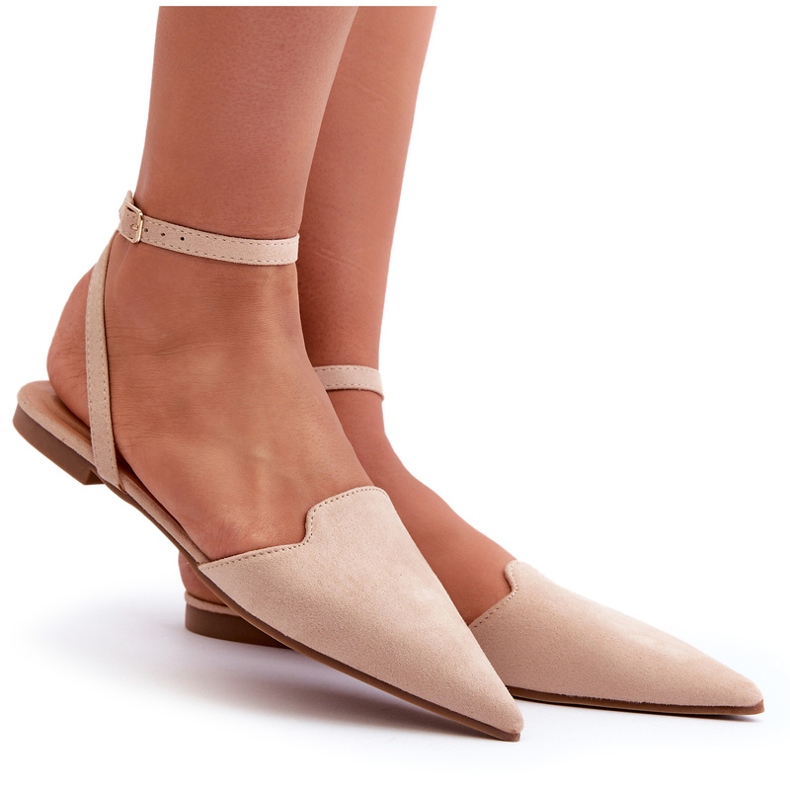 Laced Eco Suede Ballerinas With Pointed Toes Beige Ellesara Laced Eco Suede Ballerinas With Pointed Toes Beige Ellesara