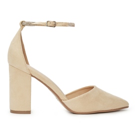 Suede beige pumps with a block heel