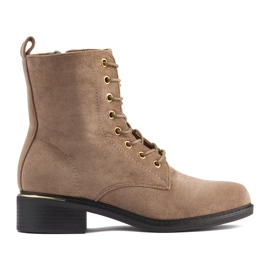 Beige women's lace-up ankle boots with low heels