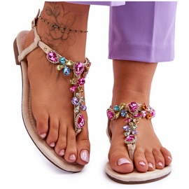 Beige suede flip-flop sandals with stones