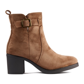 Suede dark beige ankle boots with a block heel