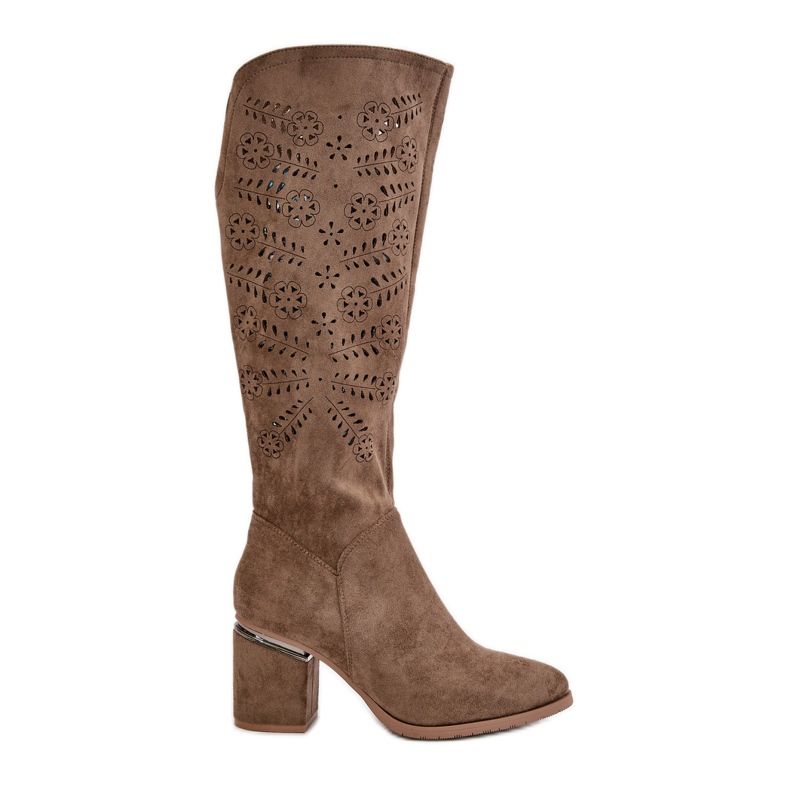 Openwork Women's Boots on a Heel Made of Eco Suede Vinceza 16443 Dark Beige