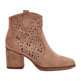 Openwork Ankle Boots Cowboy Boots With Zipper Beige Vosilara