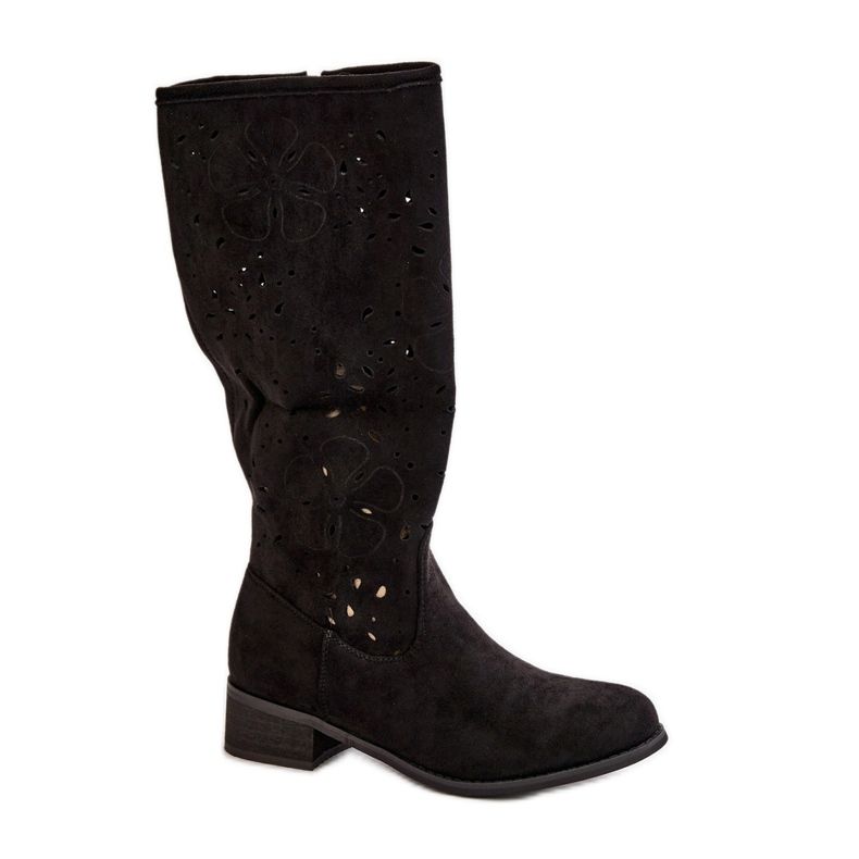 Openwork Women's Boots On Low Heels Eco Suede Fastened With A Zipper Black Orchides