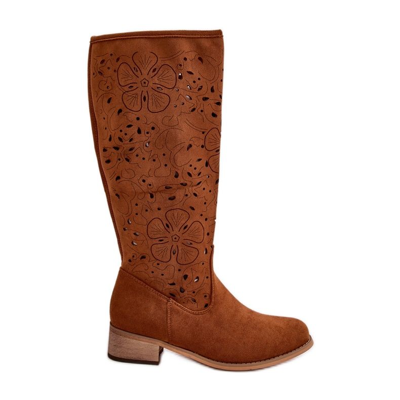 Openwork Women's Boots On Low Heels Eco Suede Fastened With A Zipper Camel Orchides brown