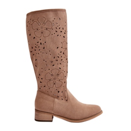 Openwork Women's Boots On Low Heels Eco Suede Fastened With A Zipper Dark Beige Orchides