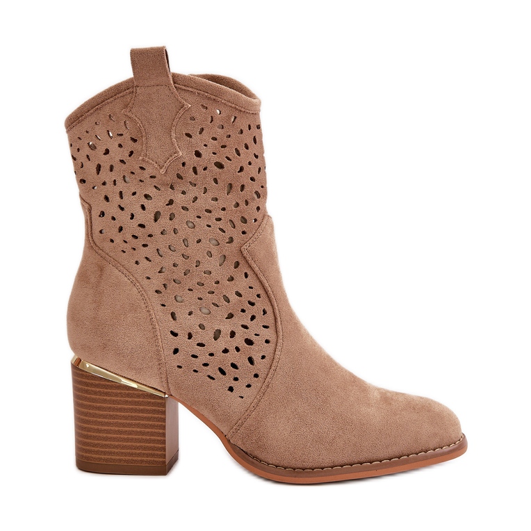 Openwork Ankle Boots on a Block Heel Made of Eco Suede Fastened with a Zipper Dark Beige Sevana