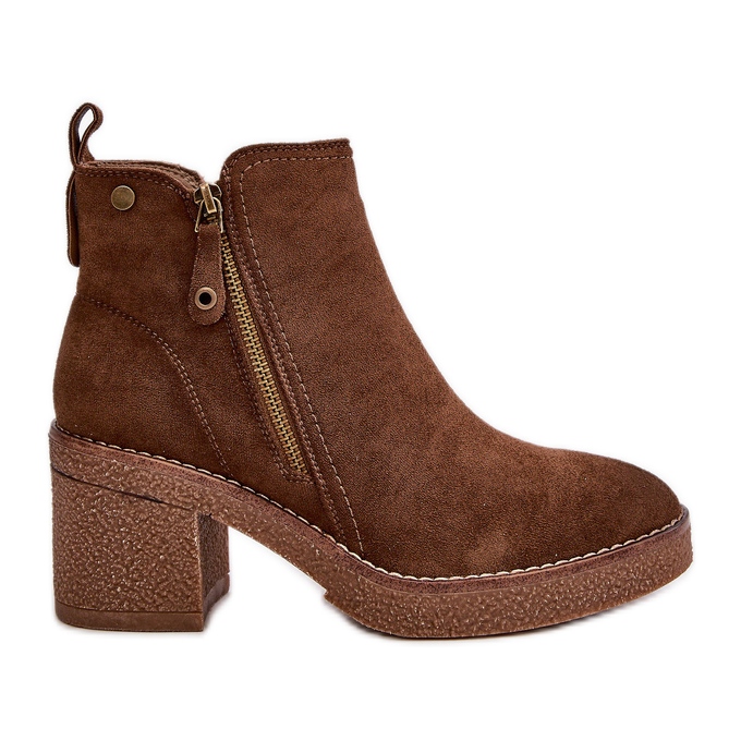 Insulated Women's Ankle Boots on a Heel Made of Eco Suede Dark Brown Velarilla