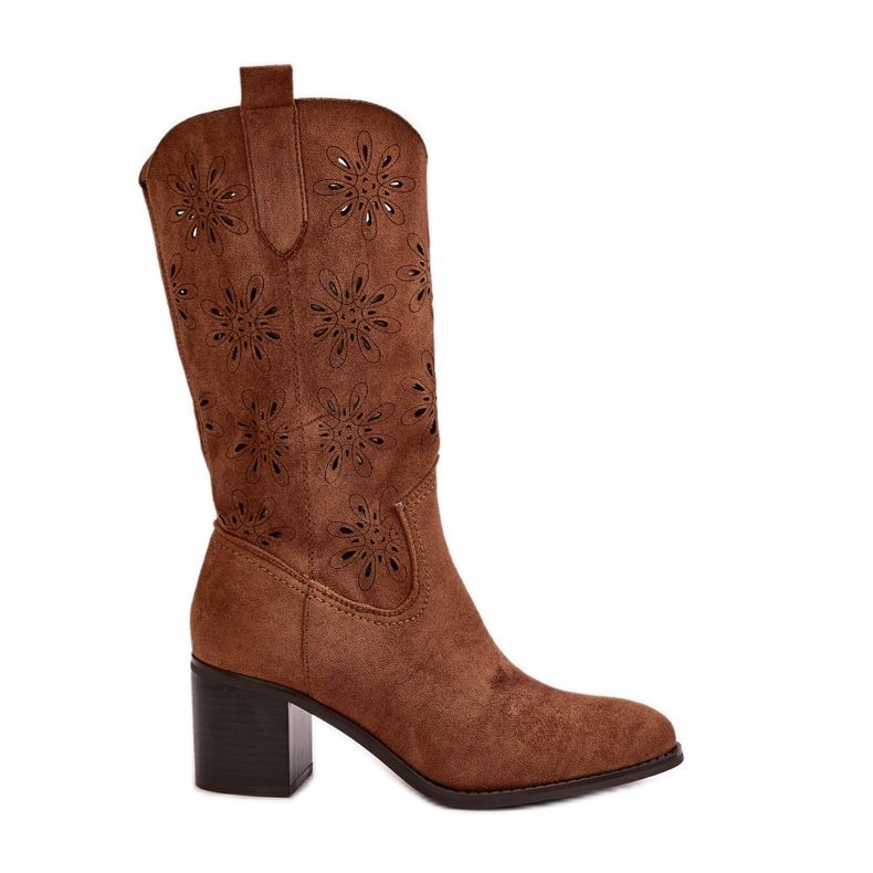 Jezzi Women's Openwork Mid-Calf Boots Made of Eco Suede Brown Nevilos