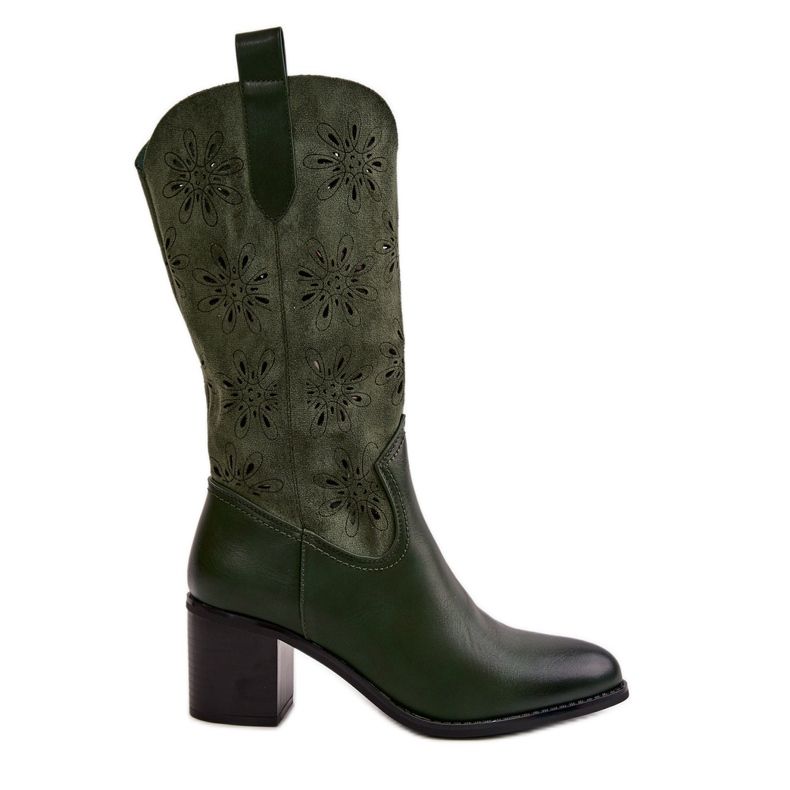 Jezzi Women's Openwork Mid-Calf Boots Made of Eco Suede Green Nevilos