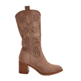 Jezzi Women's Openwork Mid-Calf Boots Made of Eco Suede Beige Nevilos