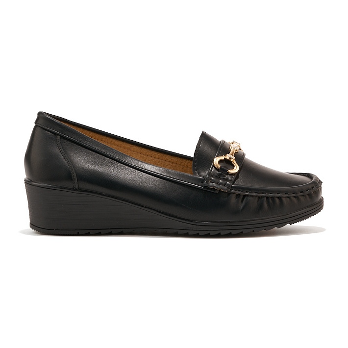 Black women's wedge loafers with gold embellishment Black women's wedge loafers with gold embellishment