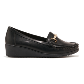 Black women's wedge loafers with gold embellishment