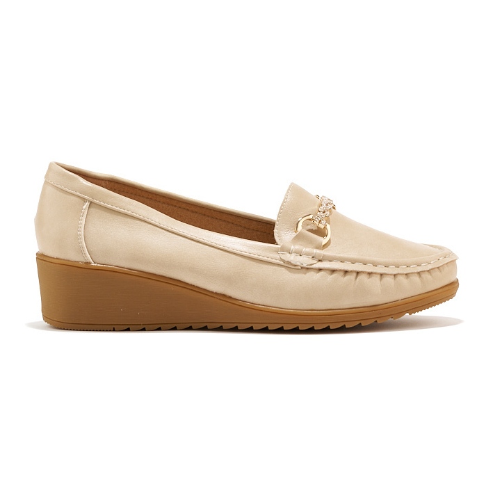Beige women's wedge loafers with gold decoration Beige women's wedge loafers with gold decoration