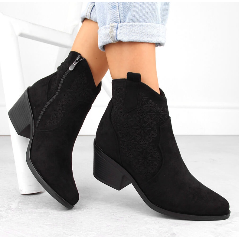 Women's suede ankle boots openwork cowboy boots black S.Barski HY42-944