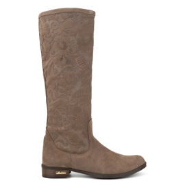 Olivier Women's boots suede made of natural leather with embossed flowers Emma dark beige