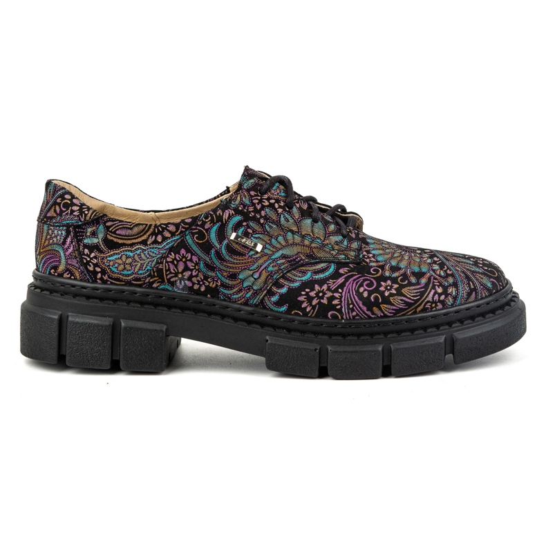 Olivier Women's leather shoes with a thick sole, flowers 1134 turquoise multicolored