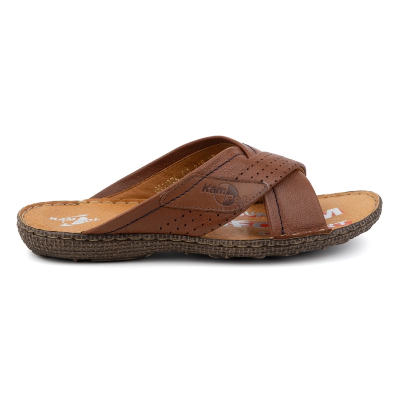 Kampol Men's leather cross-strap flip-flops 216kam brown