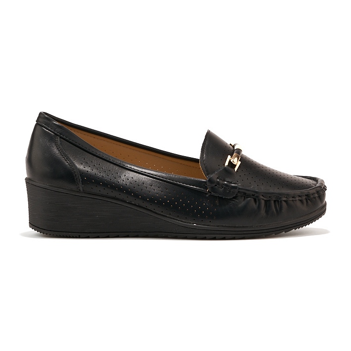 Black openwork loafers with a low wedge