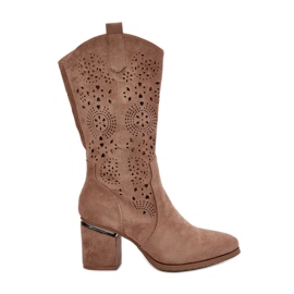 Women's Openwork Cowboy Boots On The Heel Of The Block Eco Suede Beige S.Barski HY42-028