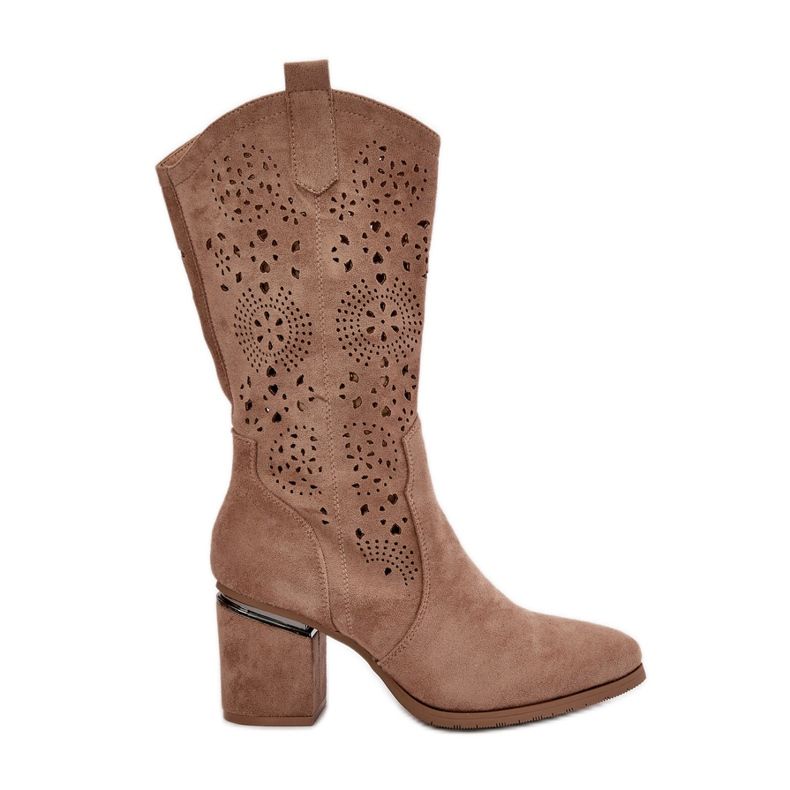 Women's Openwork Cowboy Boots On The Heel Of The Block Eco Suede Beige S.Barski HY42-028