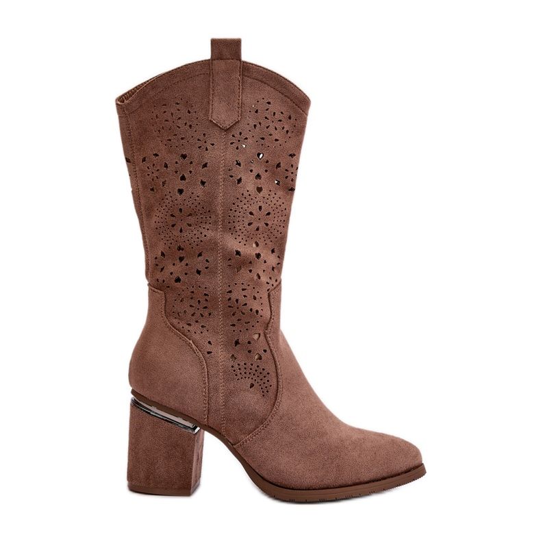 Women's Openwork Cowboy Boots On The Heel Of The Block Eco Suede Brown S.Barski HY42-028