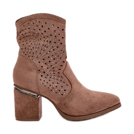 Decorated Openwork Women's Ankle Boots on a Heel Made of Eco Suede Brown S.Barski HY42-029