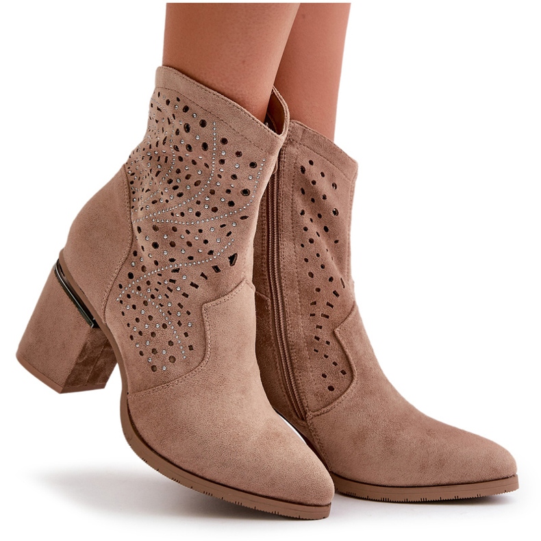 Decorated Openwork Women's Ankle Boots on a Heel Made of Eco Suede Beige S.Barski HY42-029