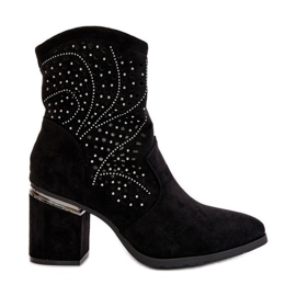 Decorated Openwork Women's Ankle Boots on a Heel Made of Eco Suede Black S.Barski HY42-029