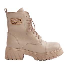 Zazoo 60486 Leather Work Boots Insulated With Gold Detail Light Beige