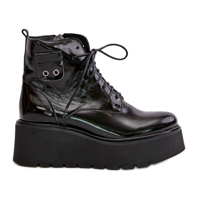 Zazoo 60499 Patent Leather Women's Ankle Boots On Platform And Wedge Insulated Natural Leather Dark Green black
