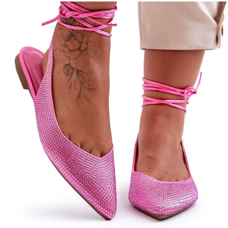 Tied women's ballerinas decorated with pink zircons Tied women's ballerinas decorated with pink zircons
