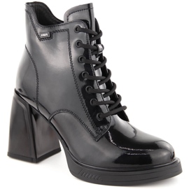 Women's patent leather ankle boots on a block heel, slightly insulated, black Vinceza 91109