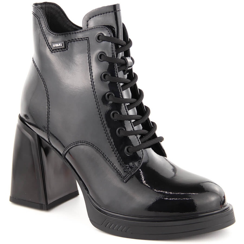 Women's patent leather ankle boots on a block heel, slightly insulated, black Vinceza 91109