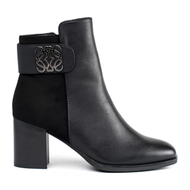 Black high-heeled ankle boots with a decorative strap