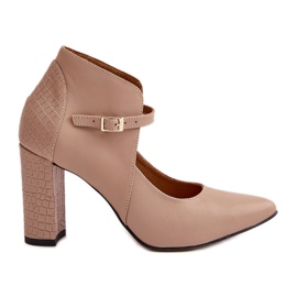 Leather Pumps With Pointed Toe On A Block Heel Beige Laura Messi 2832
