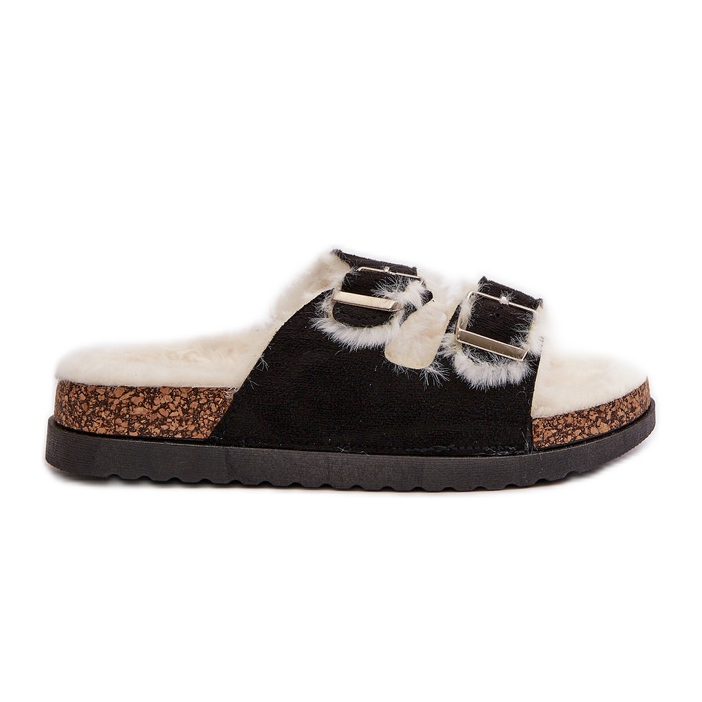 Women's Slippers Flip-Flops With Buckles And Fur Black Ezilena