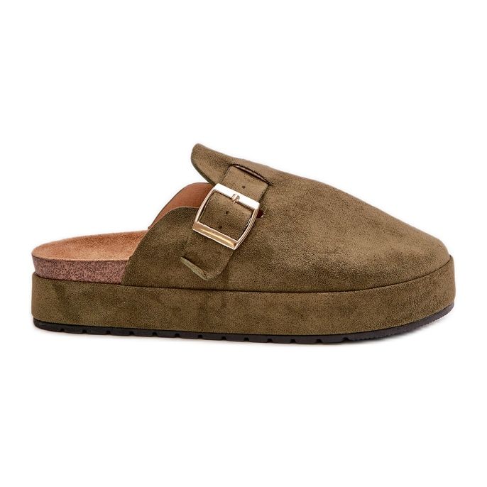 Women's Flip-Flops Clogs On Platform With Gold Buckle Dark Green Terilaina