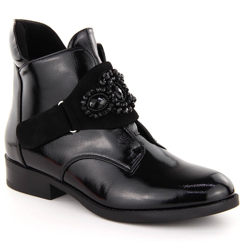 Women's patent leather ankle boots with decorative stones, black, S.Barski HY42-021 Women's patent leather ankle boots with decorative stones, black, S.Barski HY42-021