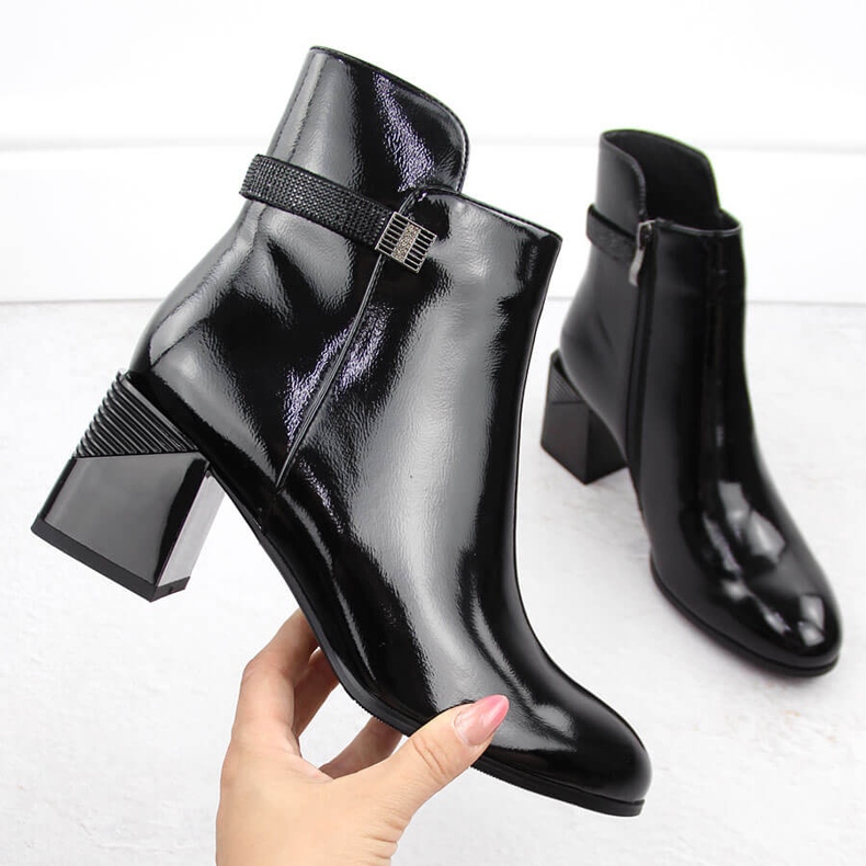 Women's patent leather ankle boots with decorative heel, black D&amp;A S.Barski Premium Collection MR880-140
