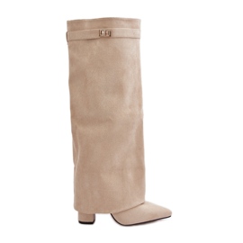 Women's Eco Suede Boots With Rolled Upper On A Heel Beige Bralise