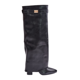 Women's Eco Leather Boots With Rolled Upper On A Heel Black Avamora