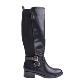 Women's Boots Above The Knee On A Flat Heel With Buckles Black Lotina