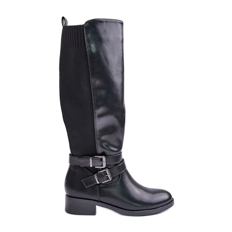 Women's Boots Above The Knee On A Flat Heel With Buckles Black Lotina