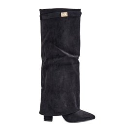 Women's Eco Suede Boots With Rolled Upper On A Heel Black Bralise