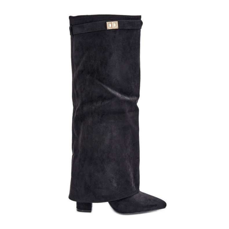 Women's Eco Suede Boots With Rolled Upper On A Heel Black Bralise